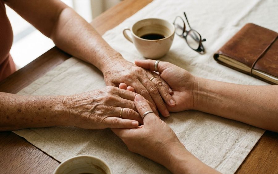 Mãos de duas gerações da mesma família, unidas sobre a mesa.
