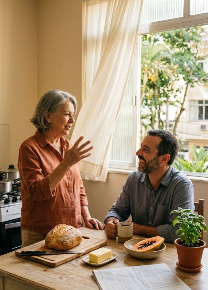 Mãe e filho conversam na cozinha de casa, com luz natural.