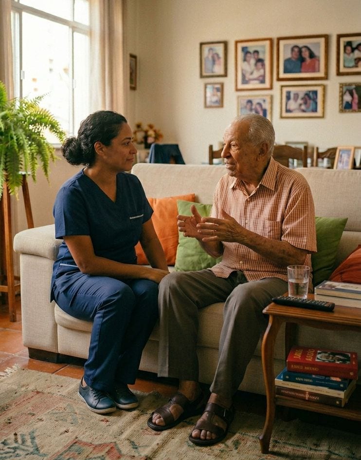 Cuidadora sentada no sofá da sala, conversando com um senhor que gesticula, cercado pelos retratos da família na parede.